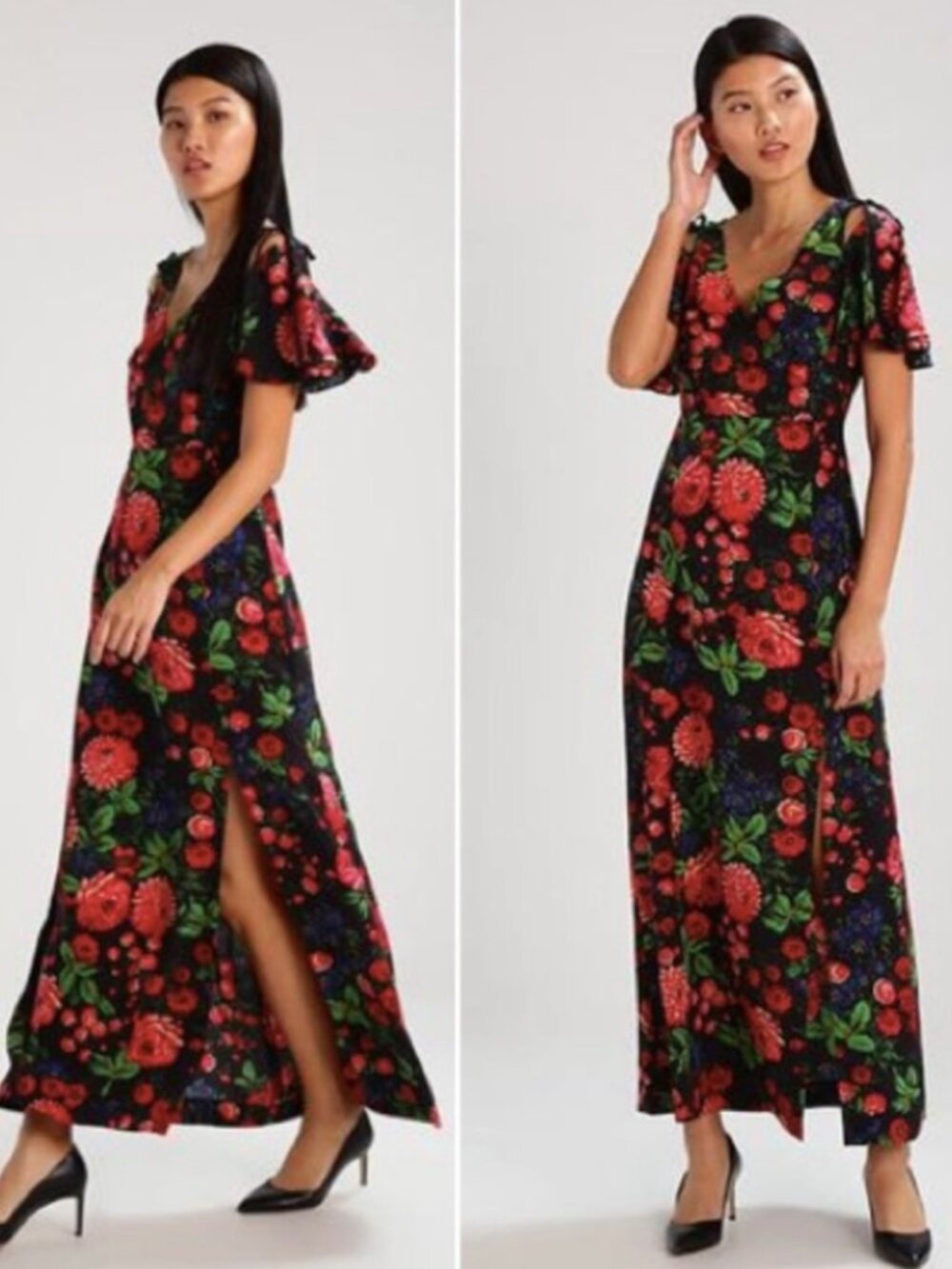 CLUB MONACO Floral Cold-Shoulder Maxi Dress in Black and Red - Size 00